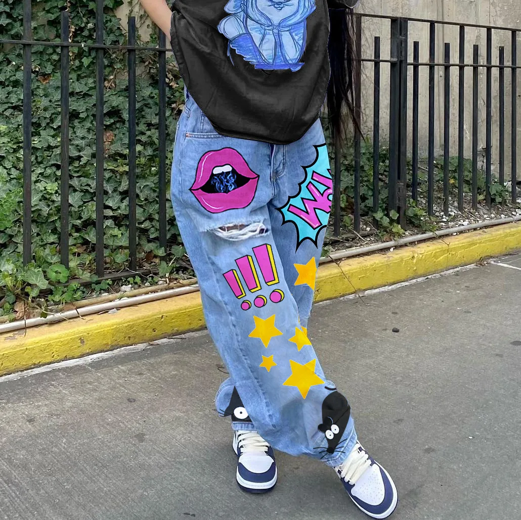 Women Baddie Clothes Streetwear Fashion Print Denim Cut Out Distressed Jeans High Waist Baggy Pants Blue Y2K Harajuku Trousers