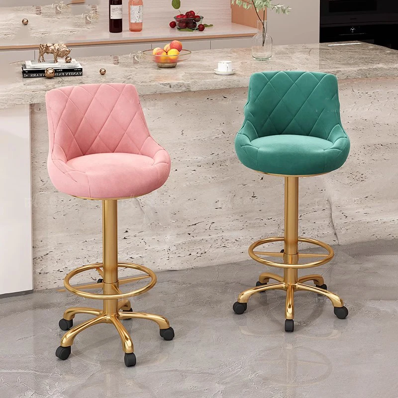 Sillas de Bar con diseño de terciopelo, giratorias, de Metal, doradas, ajustables, rosas, para cocina, tocador, Sillas estéticas, muebles de moda