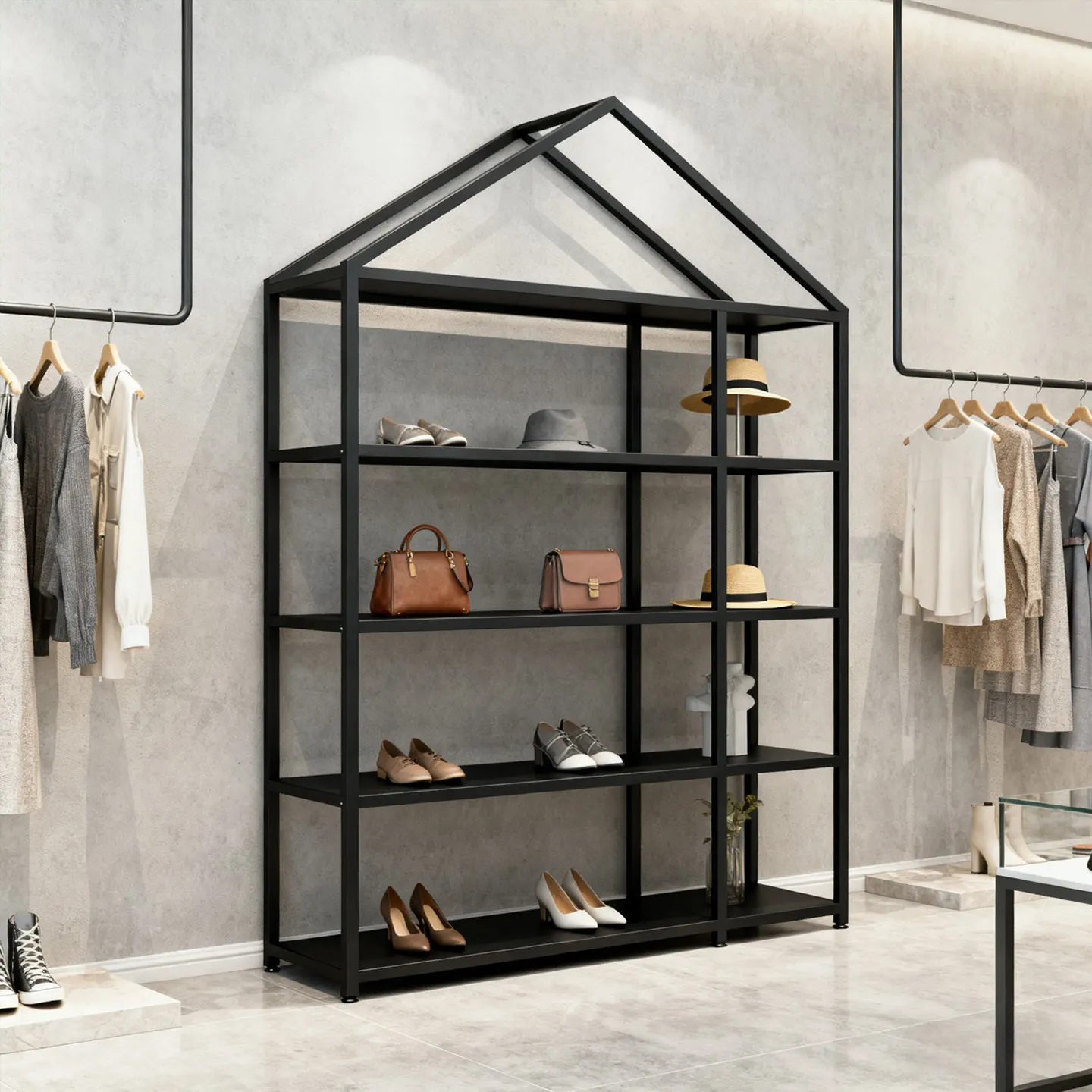 

Clothing store wrought iron black multi-layer display rack men's and women's clothing store Nakajima shoe bag beauty figure