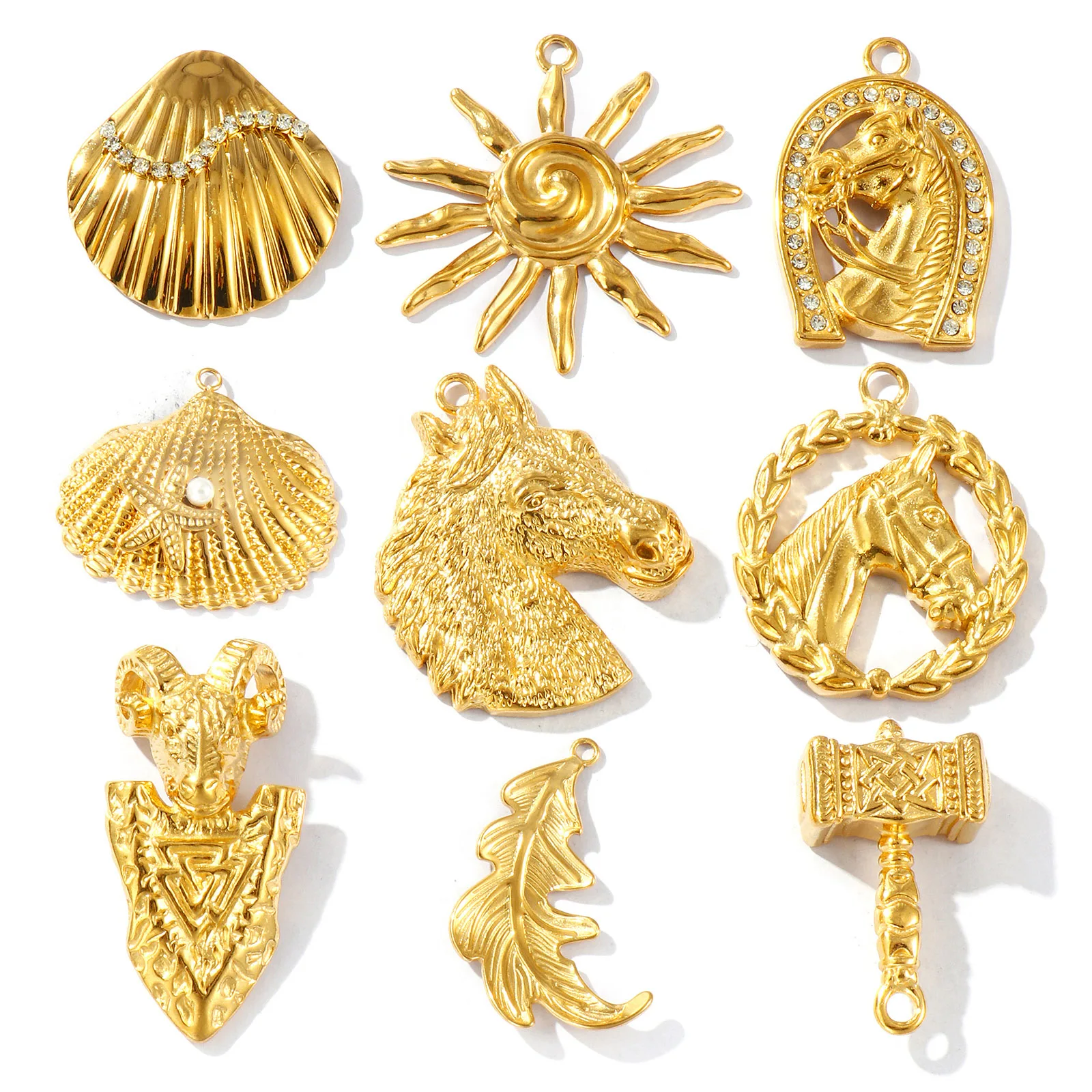 1PC 18K Gold Plated Charms Sun Shell Horse Arrowhead Feather Hammer 304 Stainless Steel Pendant For DIY Necklace Jewelry Making