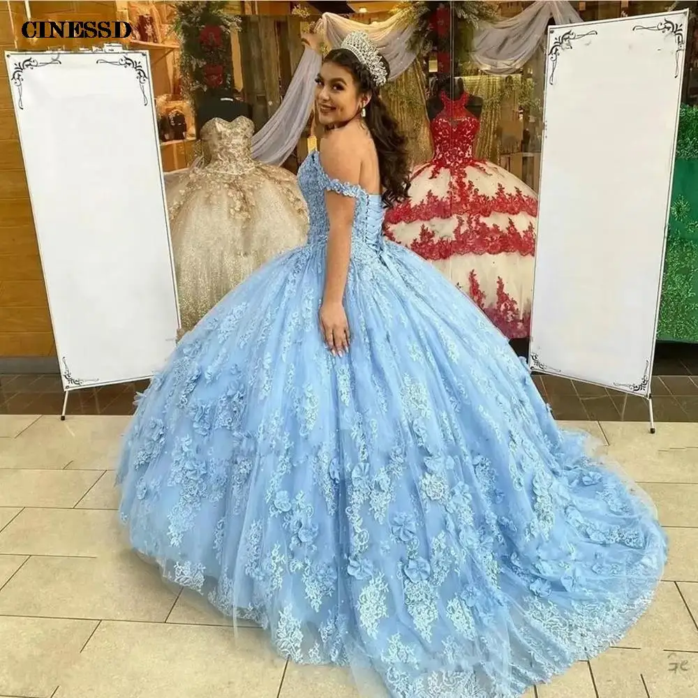 Modesto Azul Claro Apliques De Baile, Vestidos Quinceanera, Contas Fora Do Ombro, Feitas À Mão, Flores Doces, 16 Vestidos, 15 Anos