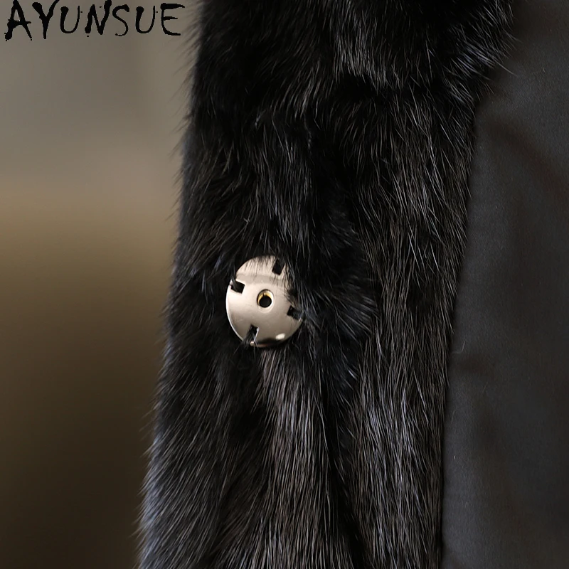 AYUNSUE Natürlicher Nerzpelzmantel, kurzer schwarzer Pelzmantel, Wintermäntel für Damen, Bürokleidung, hochwertige Damenkleidung, Servies Jegavera