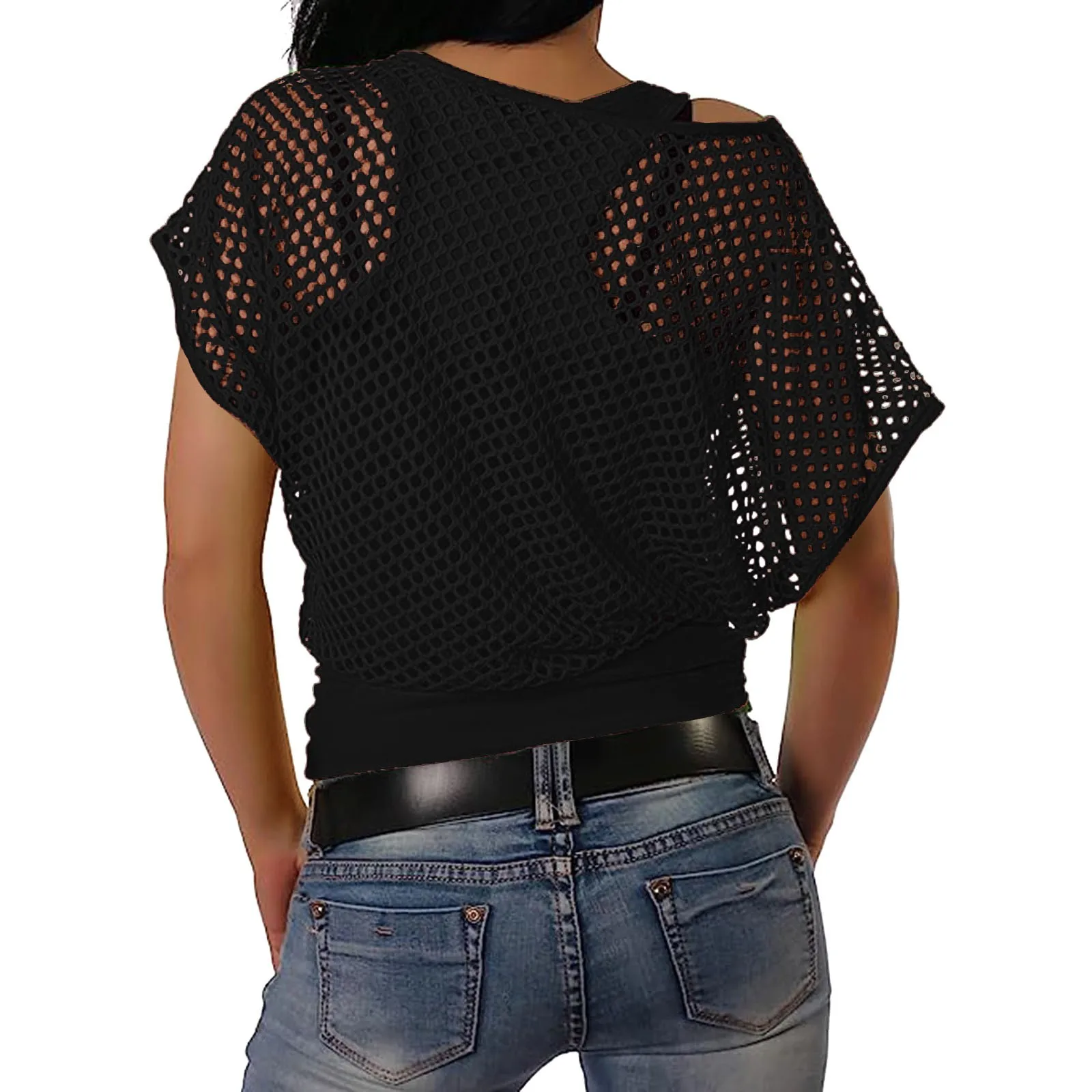 Women Sexy Hollow Out Fishnet Short Sleeve T Shirt Neon Mesh Off Shoulder Tops Vintage 1980s Nightclub Party Ball Rave T-Shirt