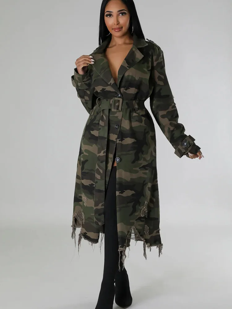 CamSolomon-Manteau long militaire à simple boutonnage pour femme avec ceinture, veste déchirée, vêtements d'automne et d'hiver