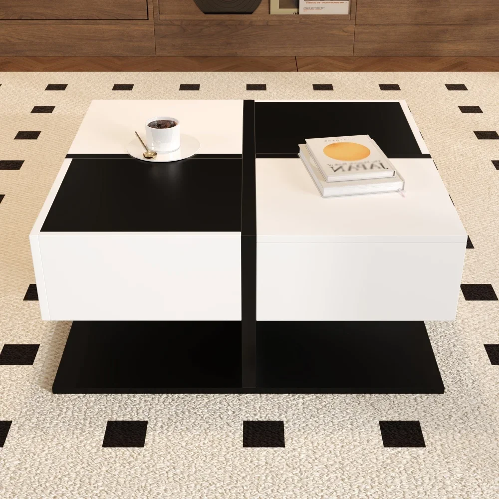 Moderner quadratischer Couchtisch in Schwarz und Weiß mit Stauraum und Schubladenschienen, 70 x 70 x 35,5 cm – Detail 8