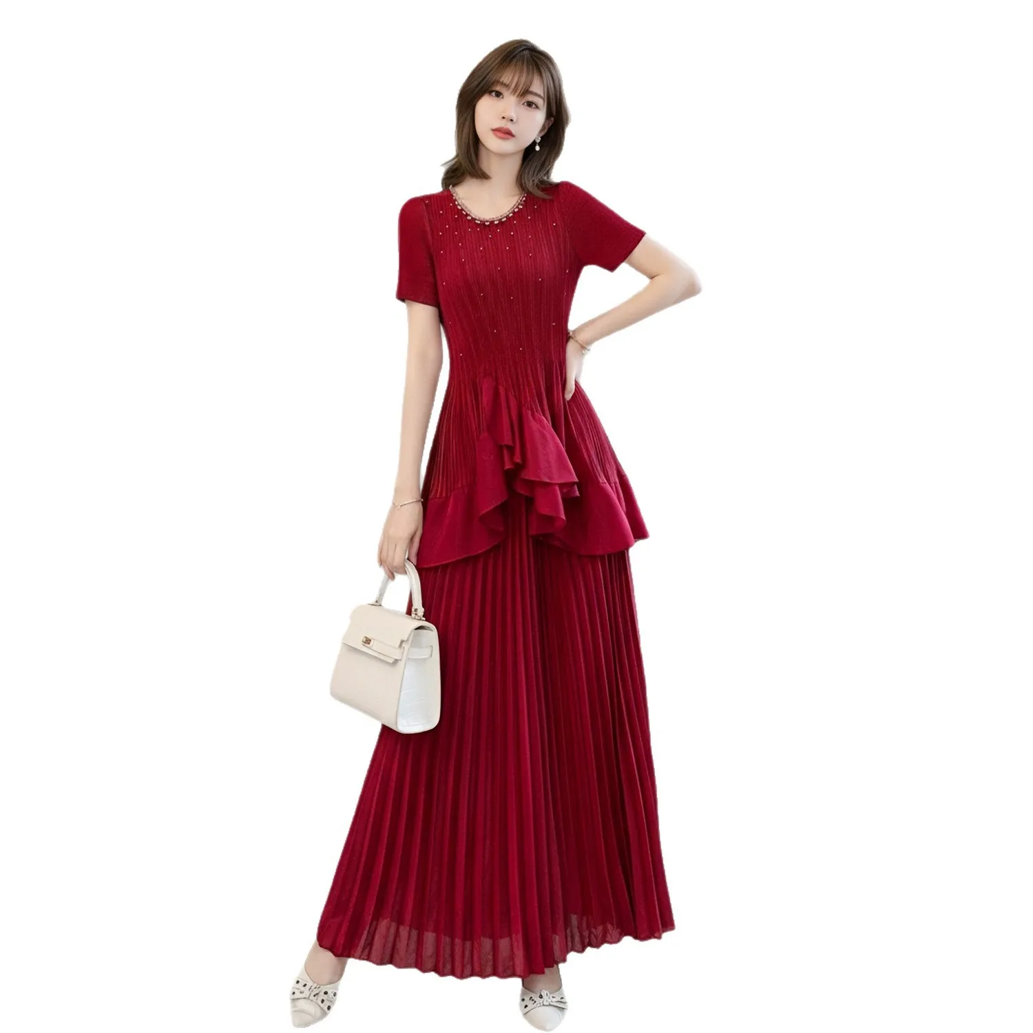 Miyake Pleated Women's Casual Suit 2026 New Japanese Design Solid Color Beaded O Neck Short-sleeved Top + Skirt Two-piece Set