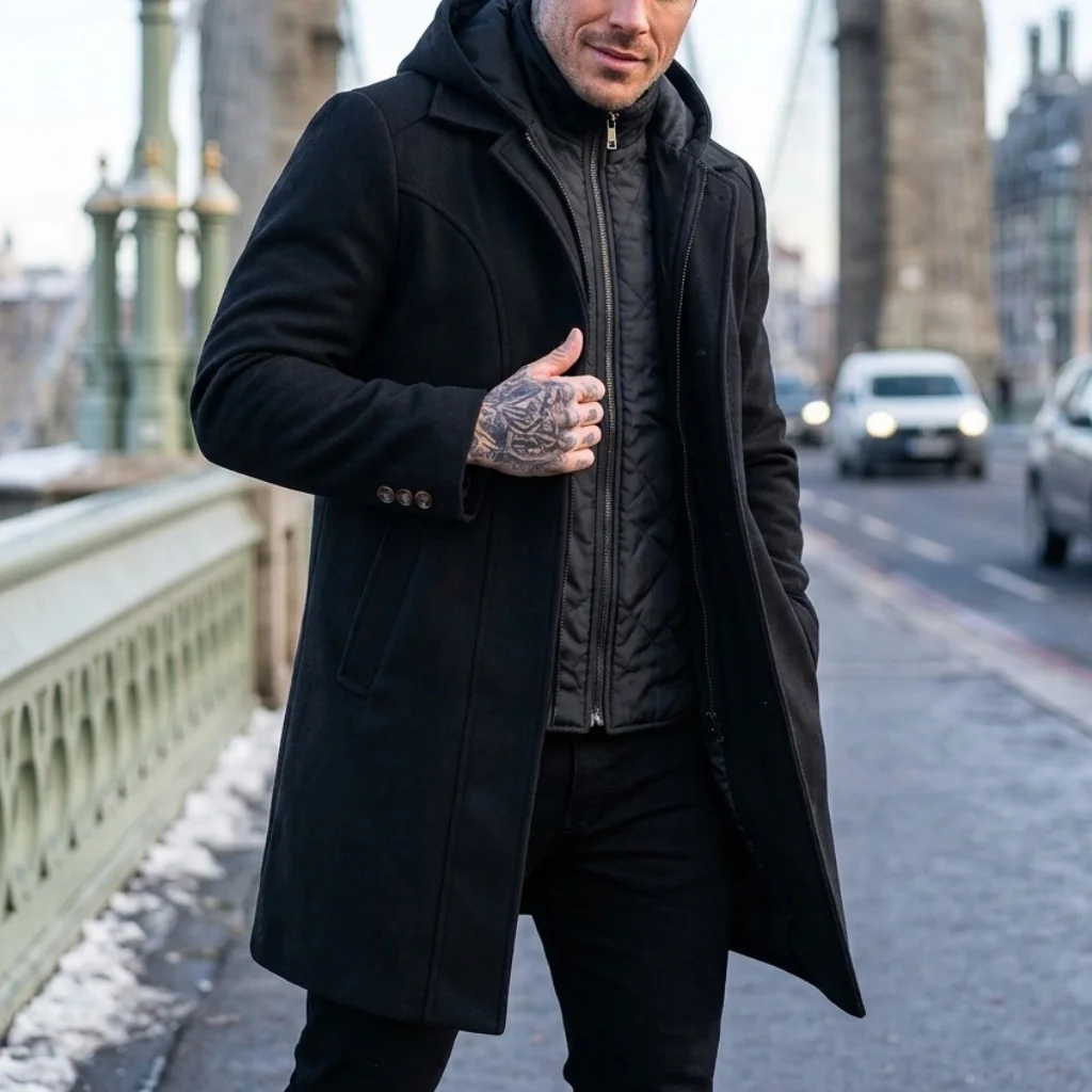 New Autumn-Winter Men's Double-Layered Hooded Overcoat Warm Durable Street Smart Casual Long-Length Outerwear for Men