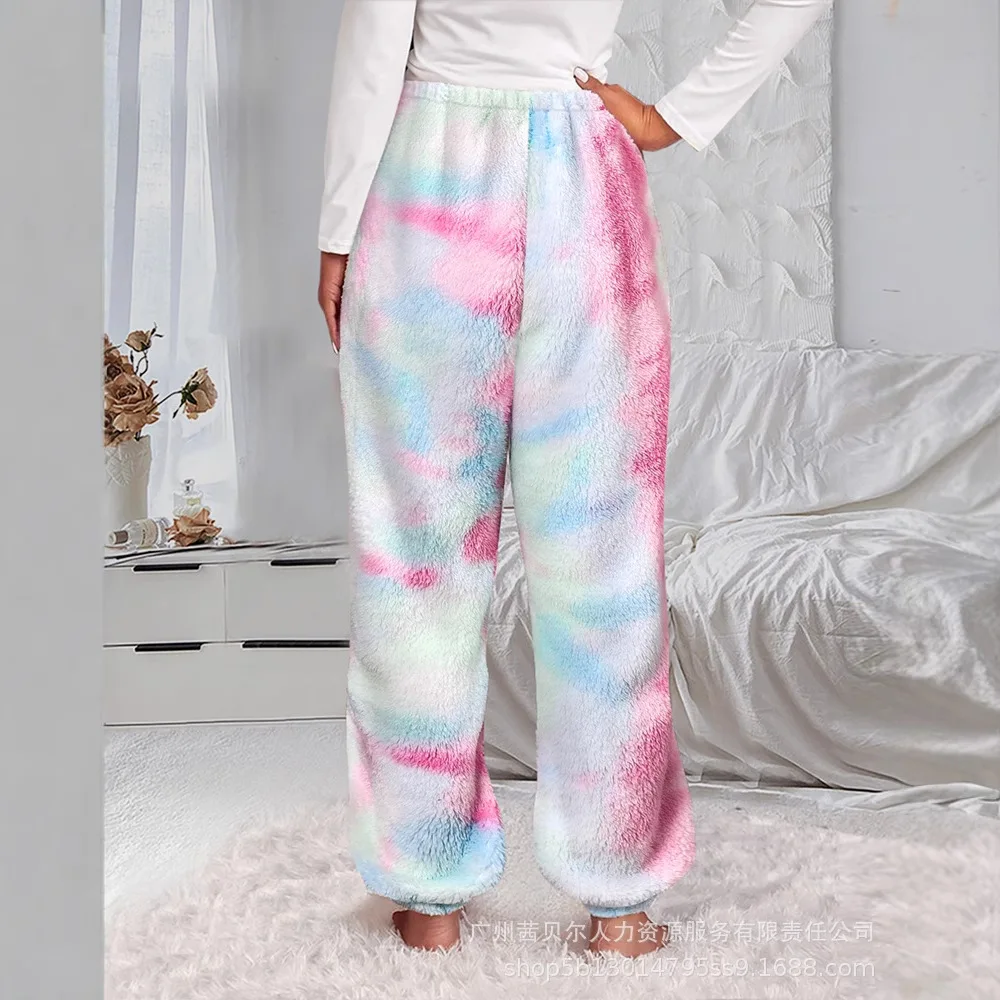 Autumn Winter Home Wear Women's Clothing Tie-dye Double-sided Velvet Home Trousers Pants Loose