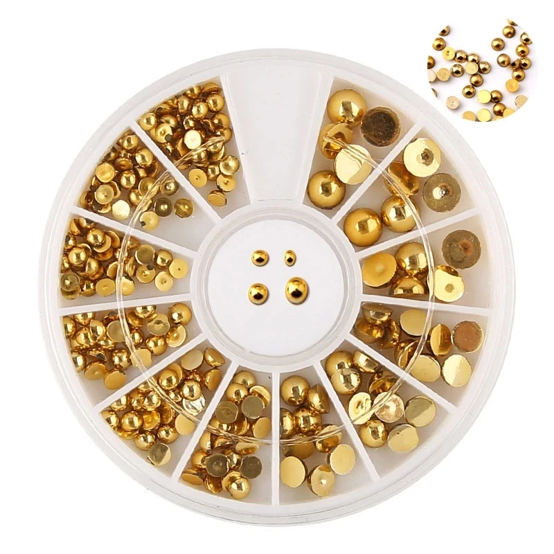 1 Wheel Gold ABS Plastic Pearl Beads 3D Metallic Nail Charms Half Round Flatback Mix Size 2-4mm Tips Jewelry DIY NailAccessories