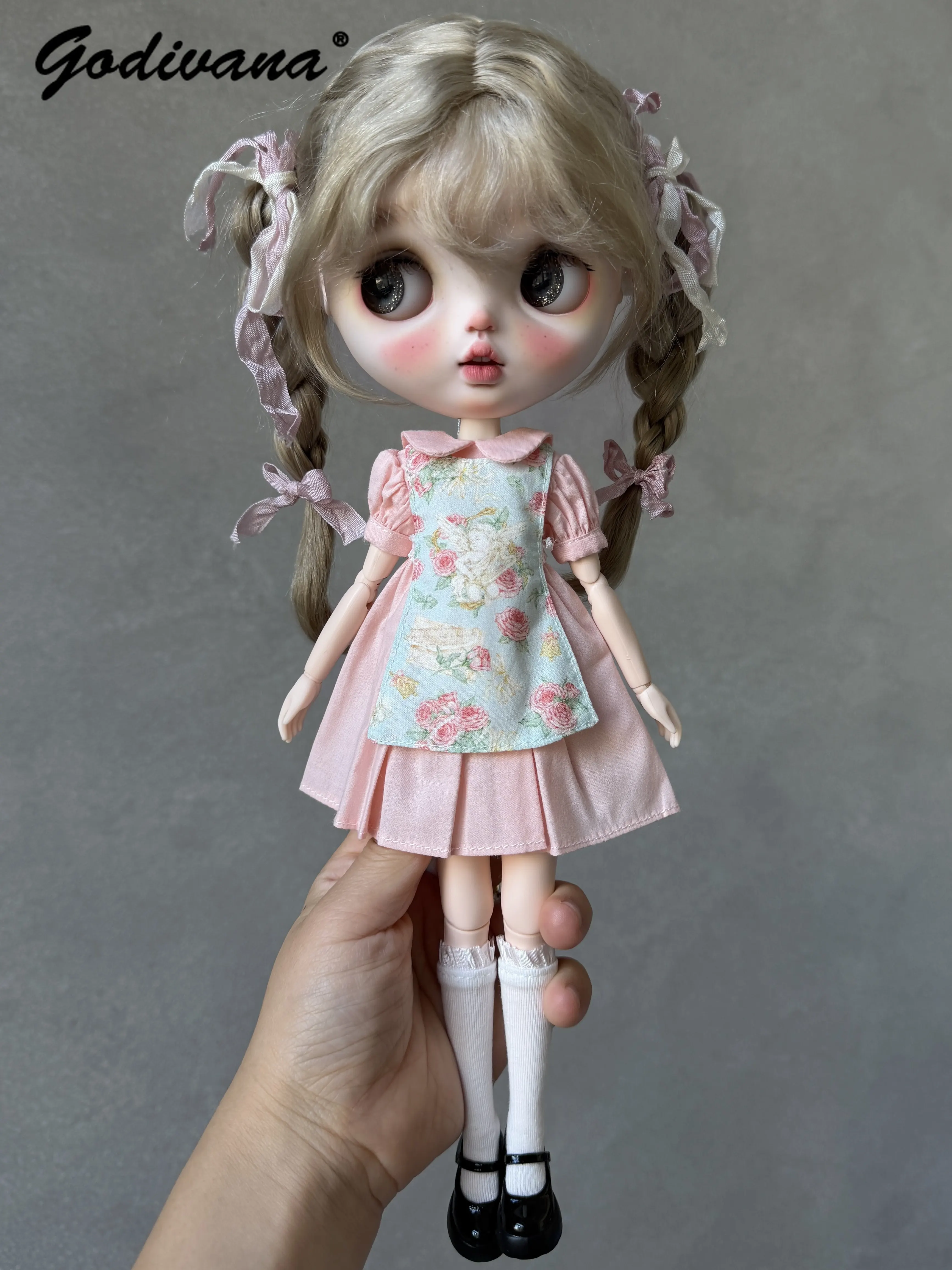 スポットブライスbjdドール服-ピンクの花柄半袖ドールカラープリーツドレス-エプロン付き-ob24-19関節用-アゾンドールにも対応