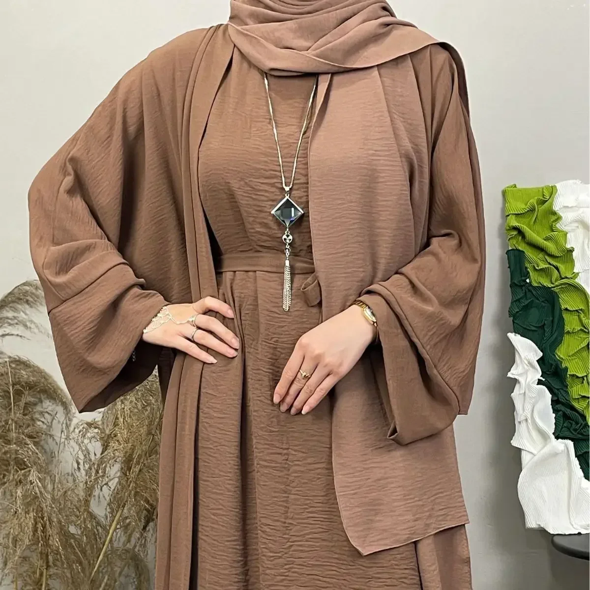 

Long Sleeve Two-piece Muslim Set Abaya Women Eid Long Maxi Dress Turkey Kaftan Arab Robe Islamic Clothing with Hijab Dubai Abaya