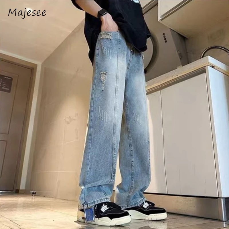 

Ripped Jeans Men Stylish Teenagers Youthful Hip Hop American Style Straight Pantalones All-match Vibe Autumn Chic Washed Bottoms