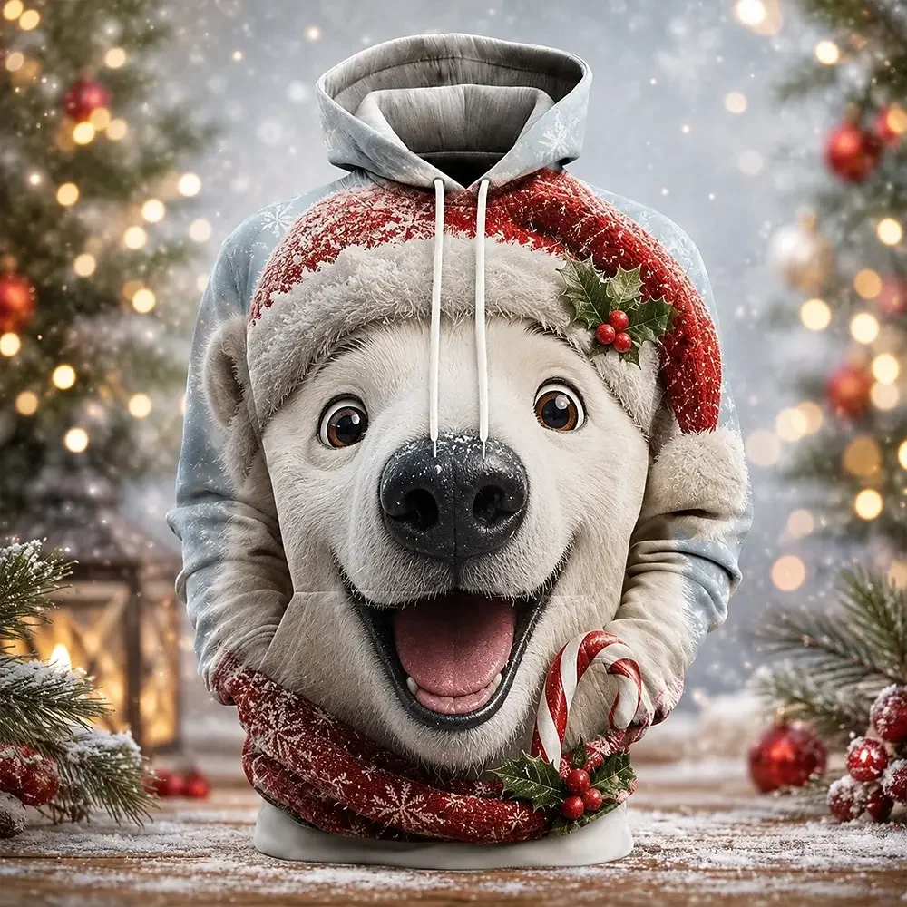 Herren 3D-Weihnachts-Rentier-Santa-Mützen-Print-Pullover-Hoodie, langärmeliges, hässliches Weihnachts-Party-Sweatshirt mit Kängurutaschen – Detail 3