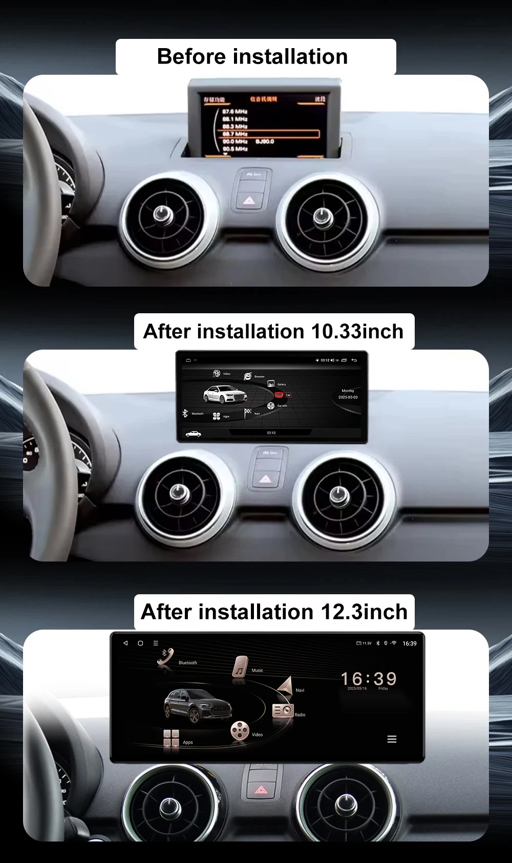 12.3" For Audi A1 2012-2018 Android 16 Car Multimedia Radio Screen WIFI 4G BT DSP Monitor Stereo Car Video Player GPS view 2