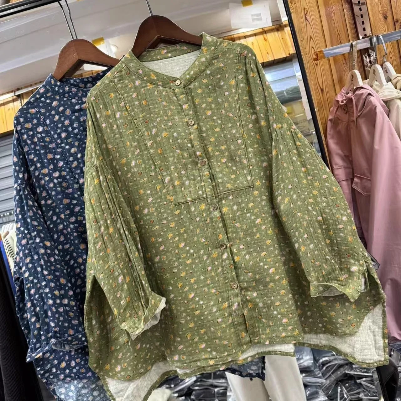 

Double Layered Yarn Floral Shirt Oversize Round Neck Button Loose Fitting Women's Spring Autumn New Casual Top W152