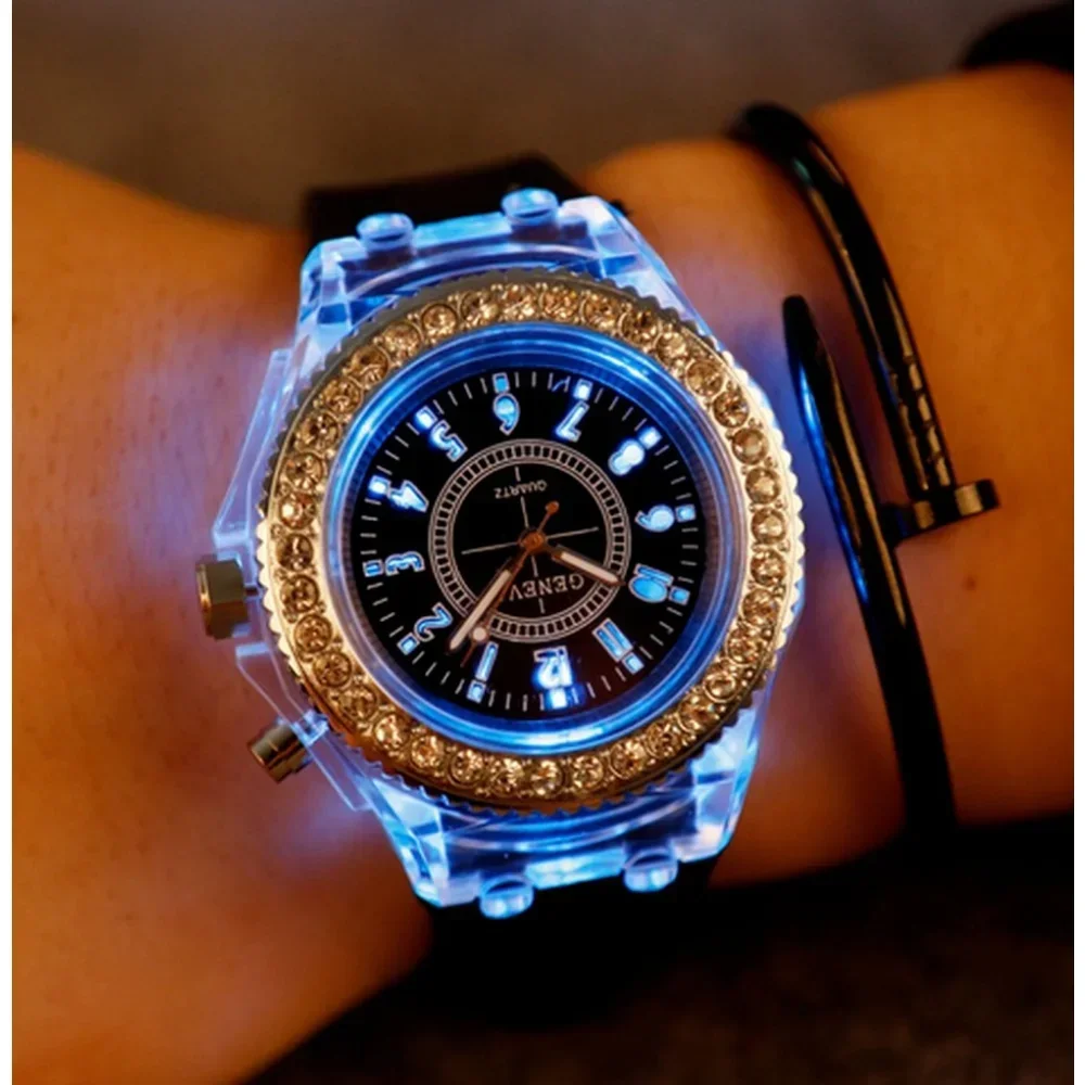 Luminous Personality Rhinestone Led Harajuku Korean Fashion Trend Male and Female Student Couple Jelly Quartz Watch Inteligente