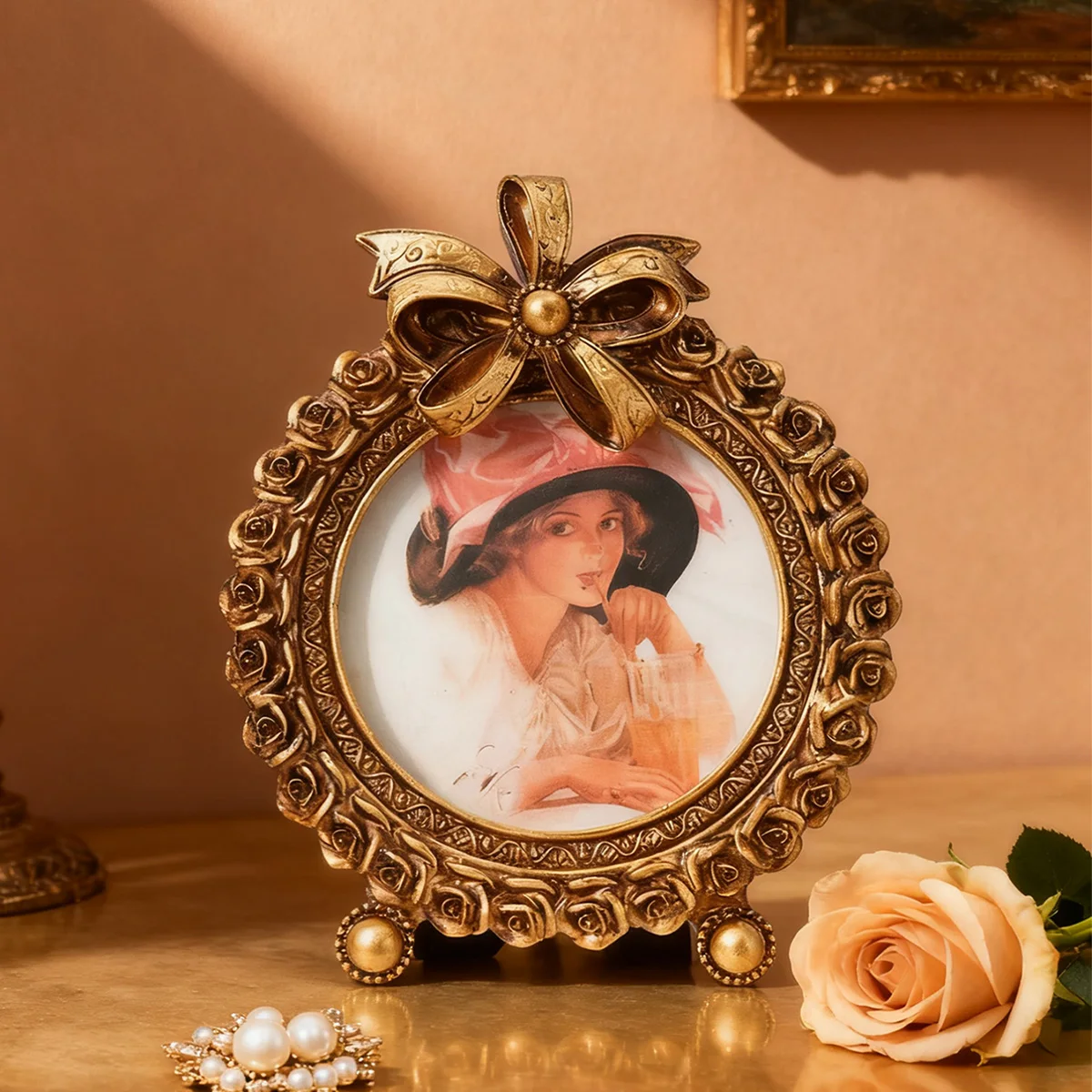 1PC, A Retro Five-Petal Bow Three-Dimensional Patterned Circular Photo Display Frame, A Home Desktop Decoration Frame