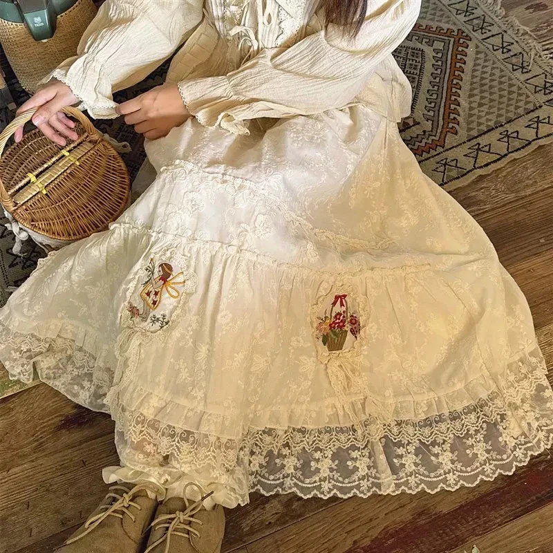 

Mori Girl Embroidery Lace Skirt 2025 Spring Summer Elastic Waist Spliced Ruffle A-line Long Skirts Japanese Sweet Skort