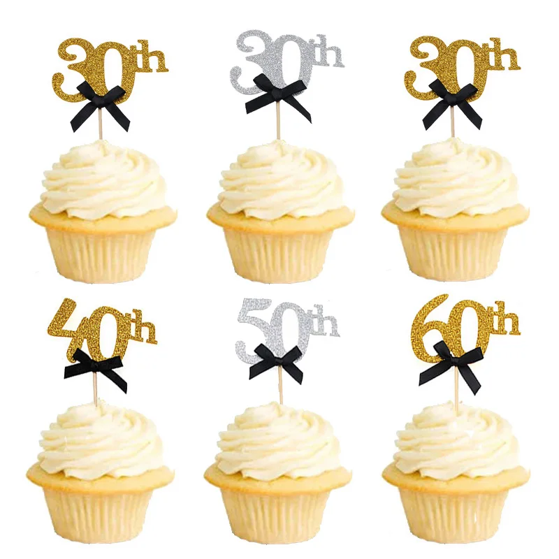 10pcs Gold 30 40 50 60 Years Old Cupcake Toppers Birthday Party Decorations Anniversary Adult 30th 40th 50th 60th cake flags