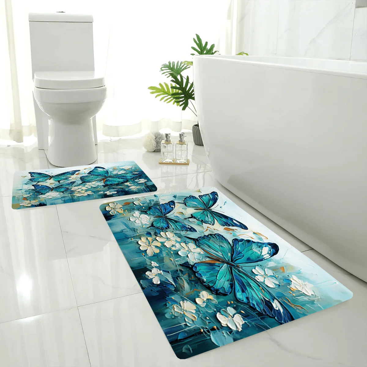 2pcs/ 3pcs Oil Painting Style Butterfly Printed Bathroom Floor Mat Set, Home Decoration Area Carpet, Machine Washable, Wash Ba