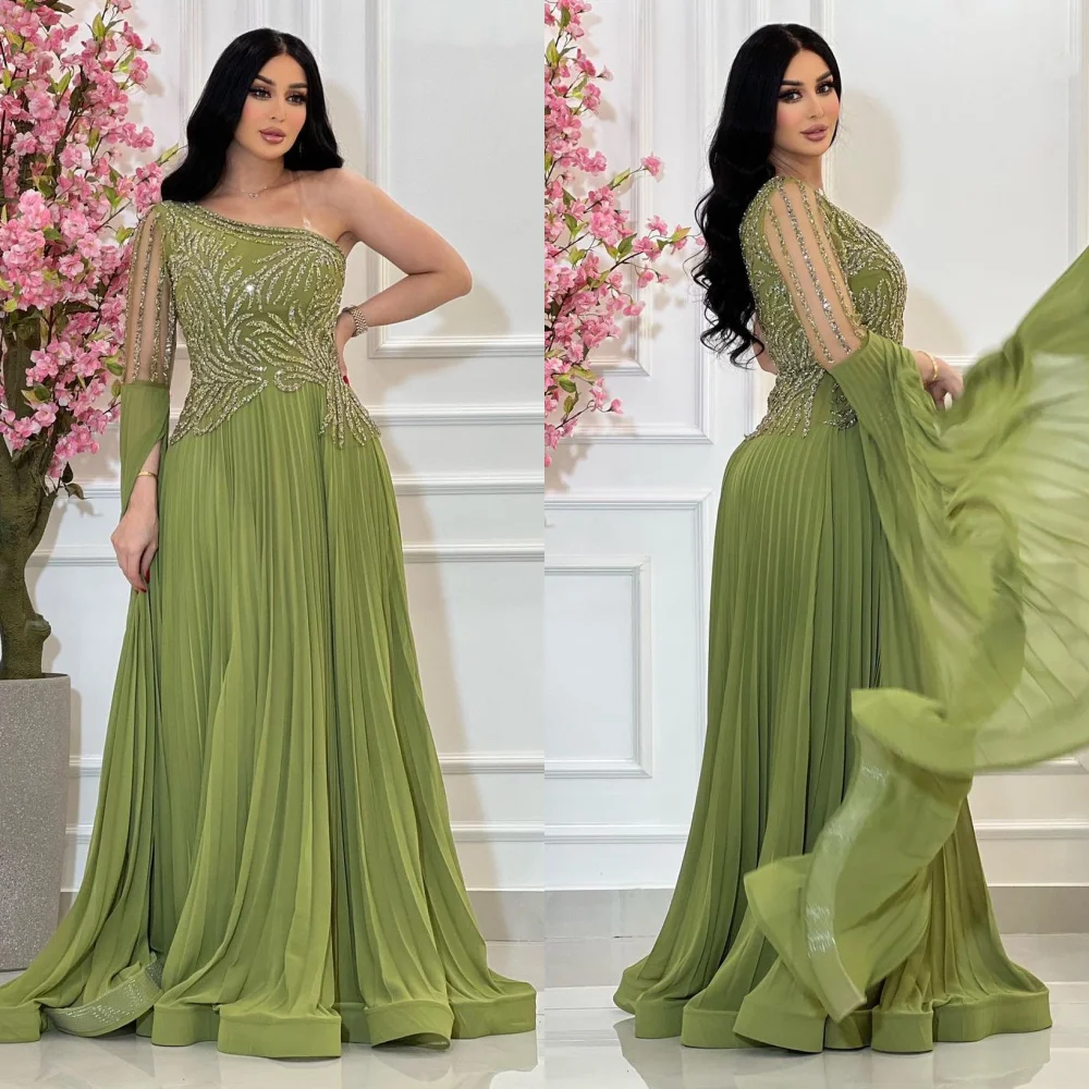 Customized Jersey Draped Ruffle Beading Celebrity A-line One-shoulder Bespoke Occasion Gown Long Dresses