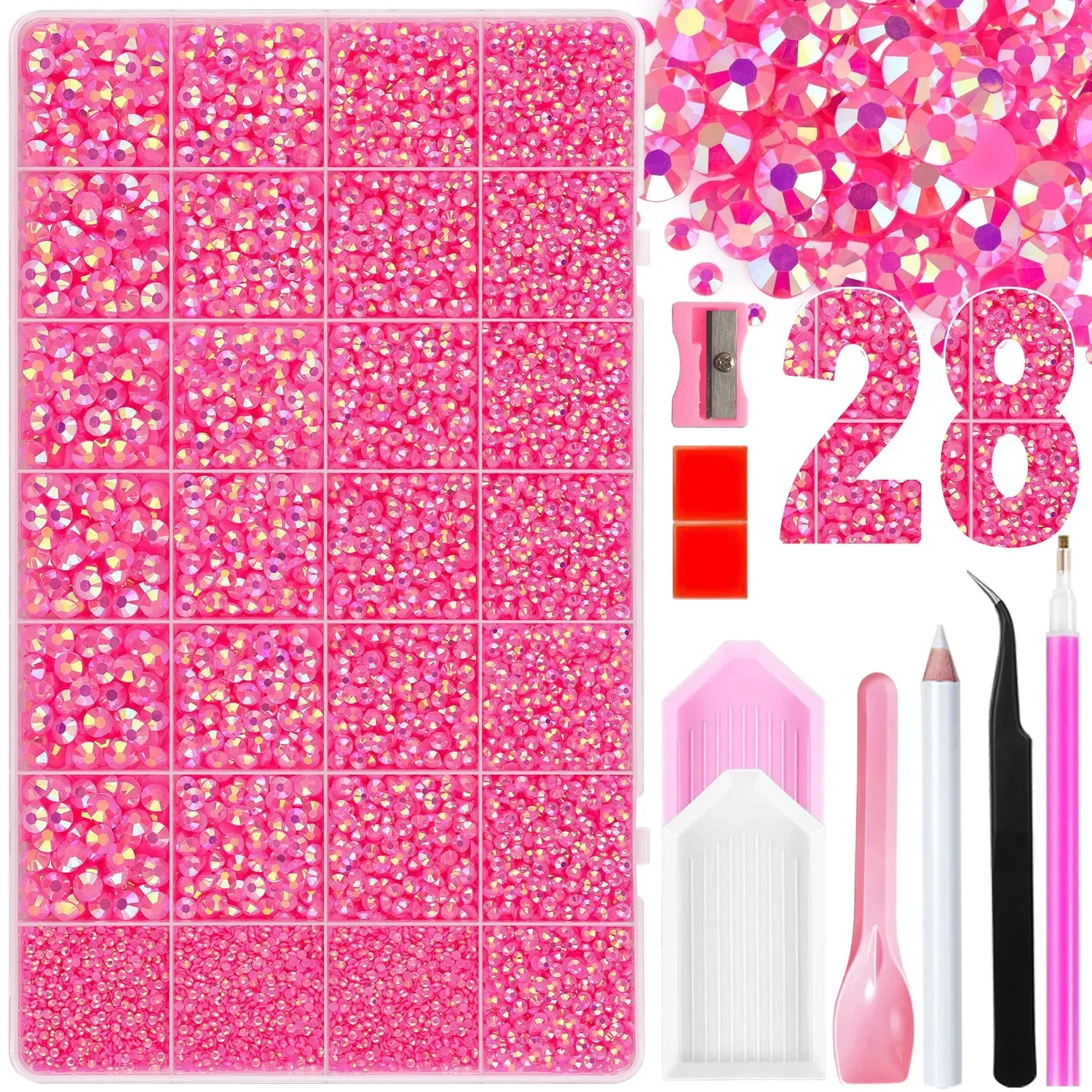 20000PCS Rose Pink Resin Flatback Rhinestones, AB Color 2-6mm Non Hotfix Craft Nail Gems with Pick Pen Tweezers Spoon Trays
