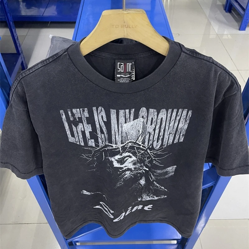 

Oversized Washed Black Saint Michael T-Shirts Men Women 1：1 High Quality Jesus My Belief Printing T-shirt Top Tees