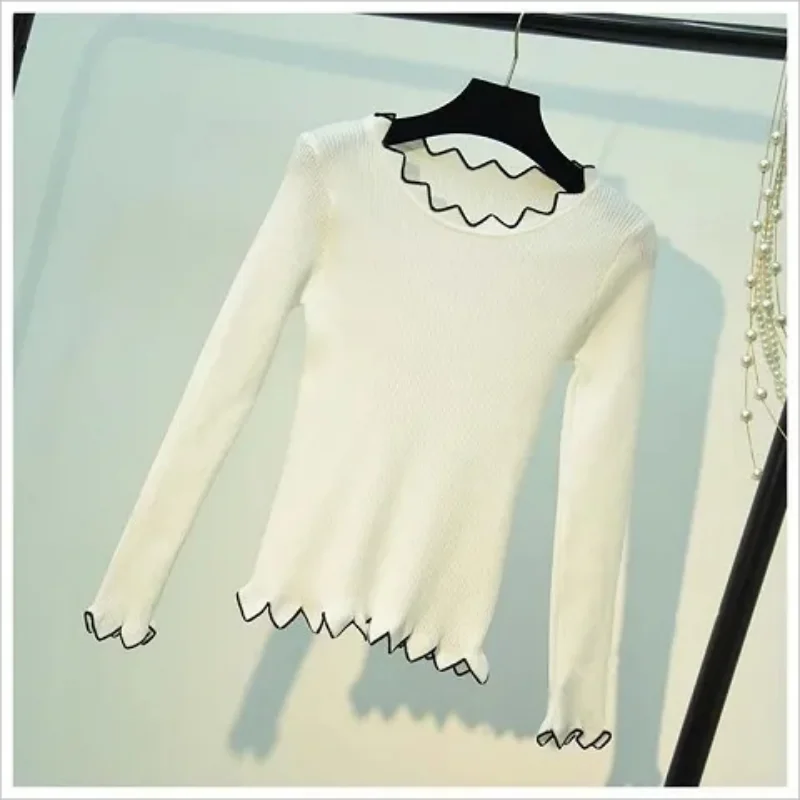 Autumn and winter new solid color all-in-one bottom pullover wooden ear lace round neck wave sweater sweater long sleeve woman