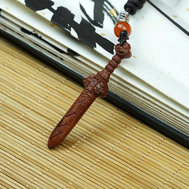 Chinese Traditional Thunderstruck Jujube Wood Mini Tianshi Sword Pendant Dual Sided Carved Big Dipper Lucky Amulet For Blessing