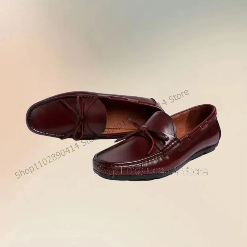 Burgandy Bow Knot Decor Sewing Design Loafers Fashion Slip On Men Shoes Luxurious Handmade Party Feast Banquet Men Casual Shoes