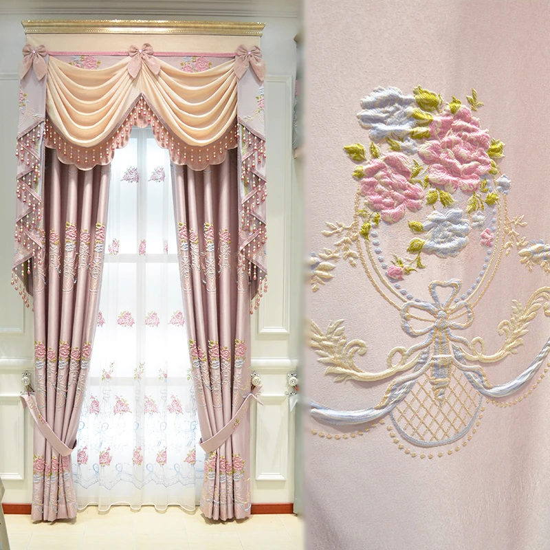 Luxurious Embossed Embroidery Bedroom Bay Floor-to-ceiling Window Pink Children's Room Warm Finished Product Customization