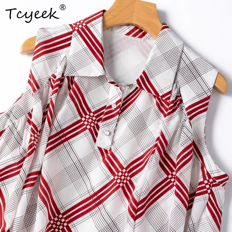 

Tcyeek Summer 100% Mulberry Silk Tshirt,Women Double Crepe Silk Lining Polo Collar Grid Pattern Sleeveless Tops shirt T55730JF