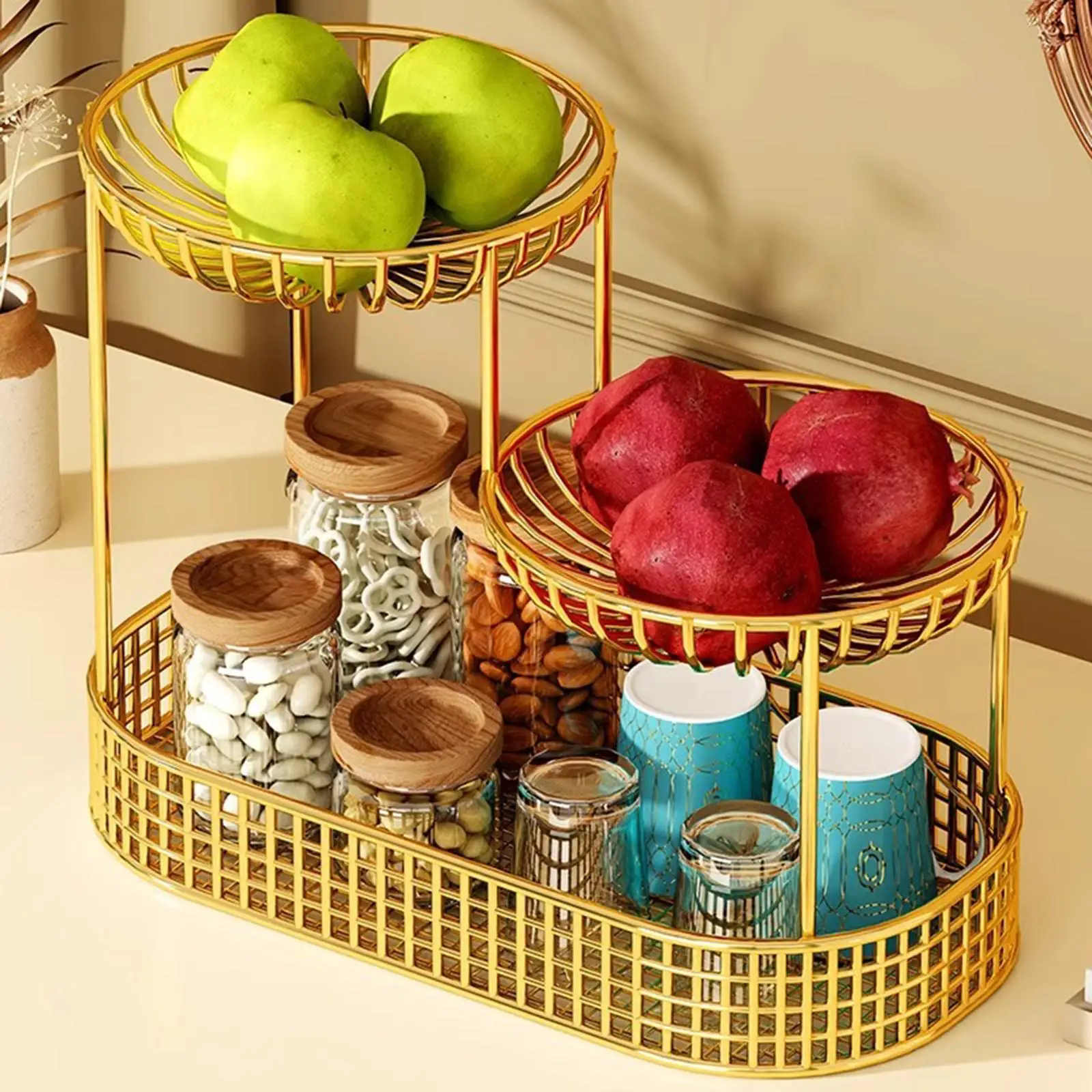 Three Tiered Wire Basket Stand,Fruit Holder, Multiuse Multi Tier Bread Basket,Fruits Stand Holder for Vegetable