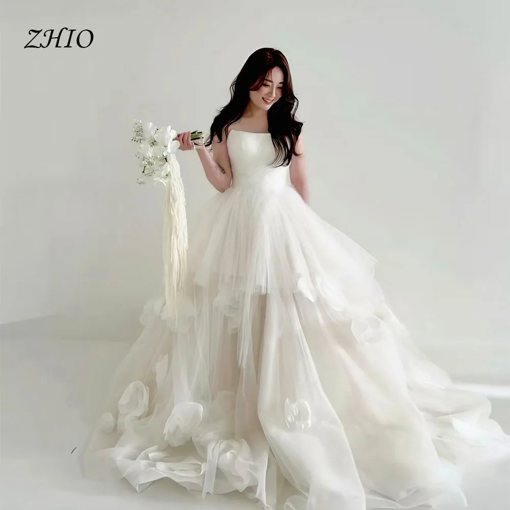 ZHIO Princess Flowers Wedding Dress Sweetheart Draped Sweep Train Ivory Tulle Korea Photo Shoot Bridal Gown Custom 웨딩드레스