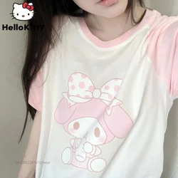 Sanrio-Camiseta de manga corta My Melody para mujer, Top de Anime de dibujos animados Kawaii, ropa Cutecore, blanco Y rosa, 2k, estudiante de verano