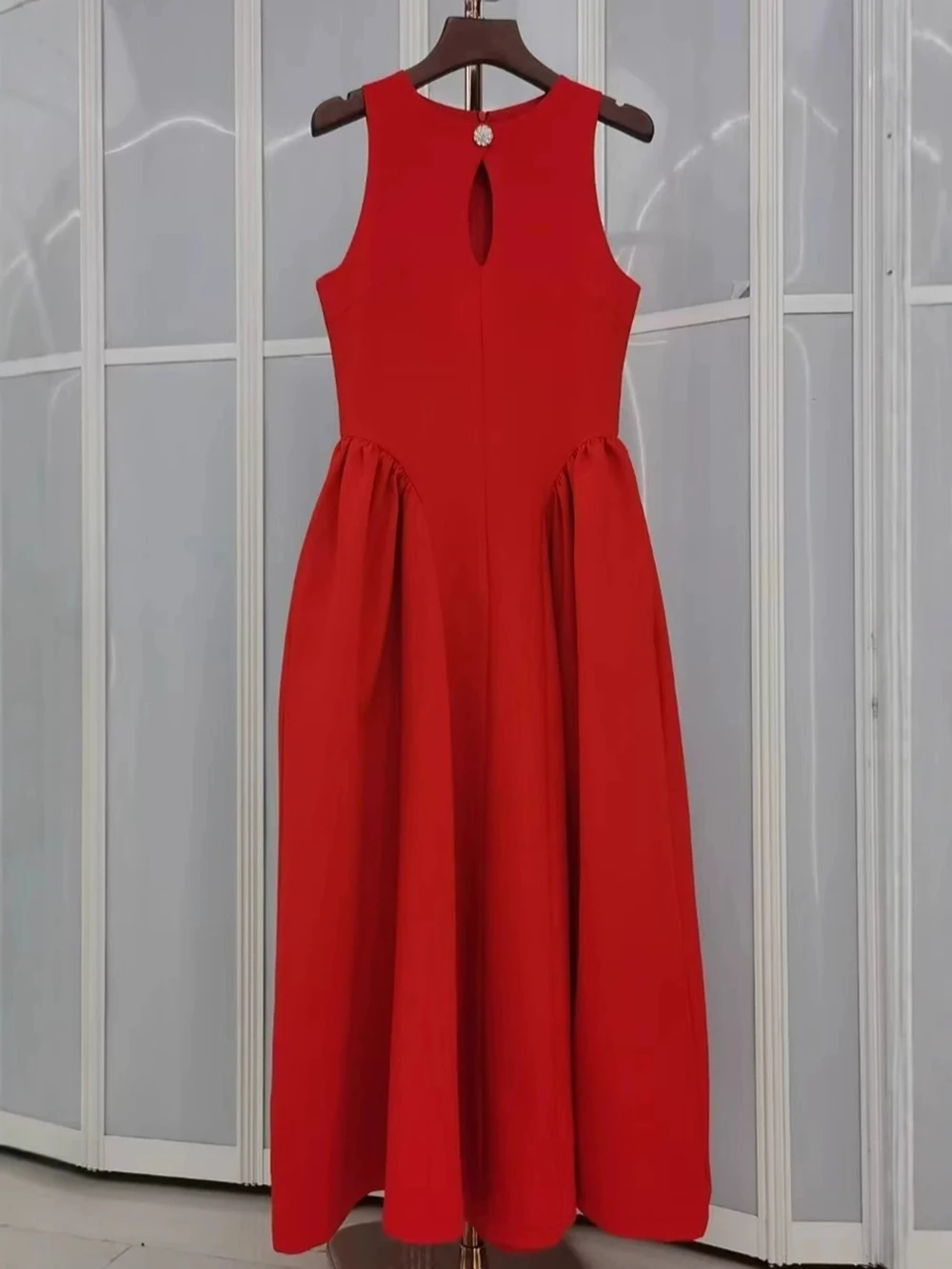 

Casual Summer Red Dress Women Sleeveless Diamond Button Hollow Solid Elegant Skirt-GZDL156