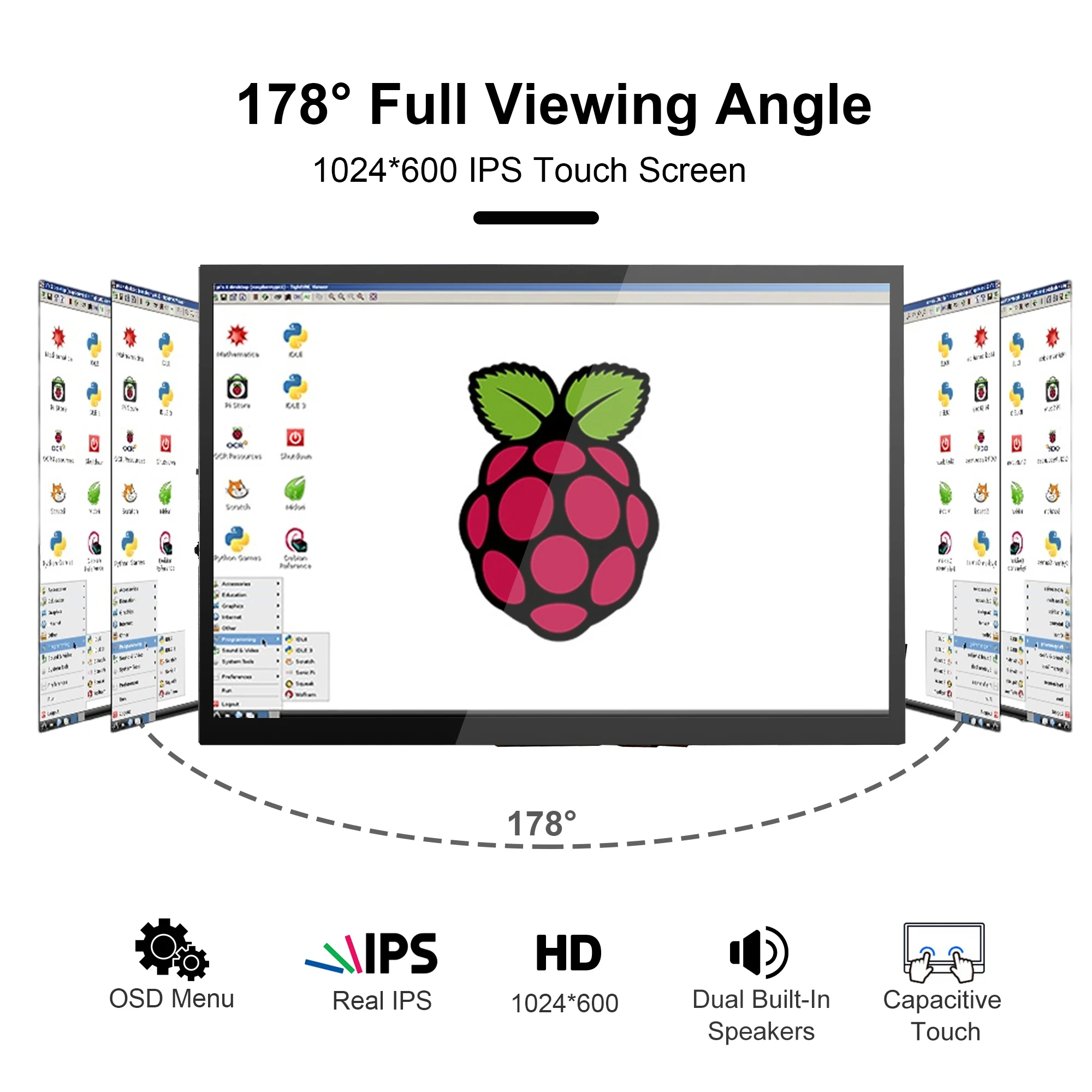 หน้าจอราสเบอร์รี่ Pi ขนาด7นิ้วหน้าจอสัมผัสขนาด1024x600ลำโพงคู่จอแสดงผล HDMI USB สำหรับ Raspberry Pi 5 3B 4 4B + สีดำบานานพายชนะ