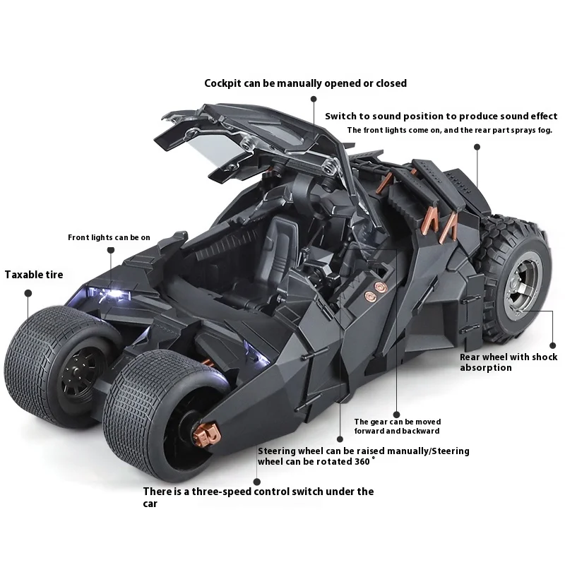 1:18 Batmobile Tumbler Slide Spray Truck Alloy Metal Diecast Car Model Sound & Light Collectibles Hobby Decoration Birthday Gift