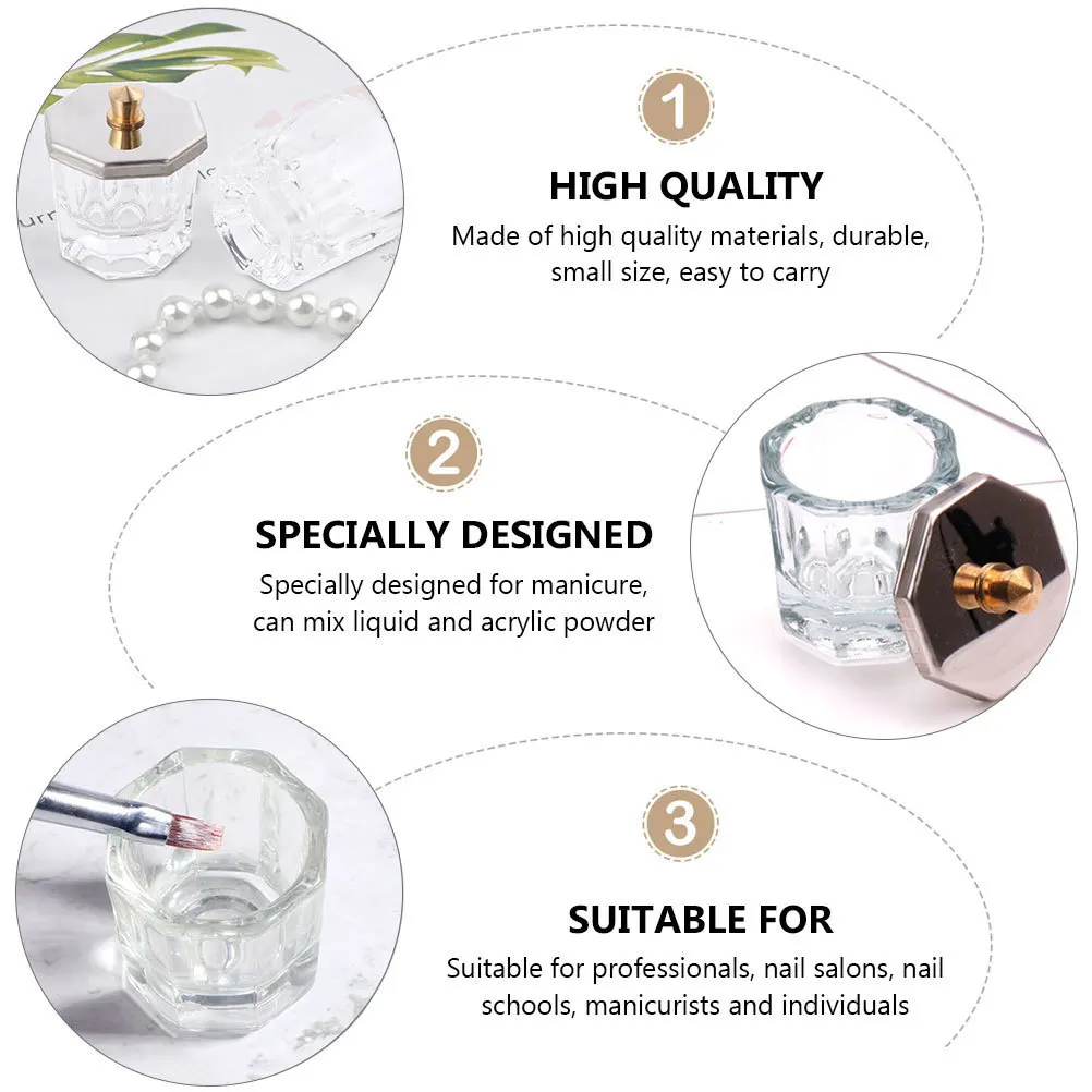 Couvercle de tasse octogonal, bol en verre et cristal pour poudre liquide acrylique, rechargeable, plat de manucure pour Nail Art, récipient transparent 4 pièces