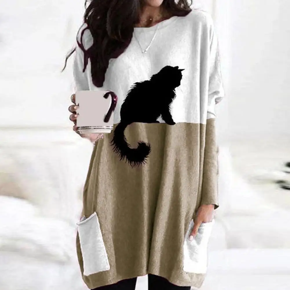 Women Top with Large Pockets Soft Stretchy Women Top Stylish Women's Long Sleeve Sweater Soft Stretchy Black Cat Print Top