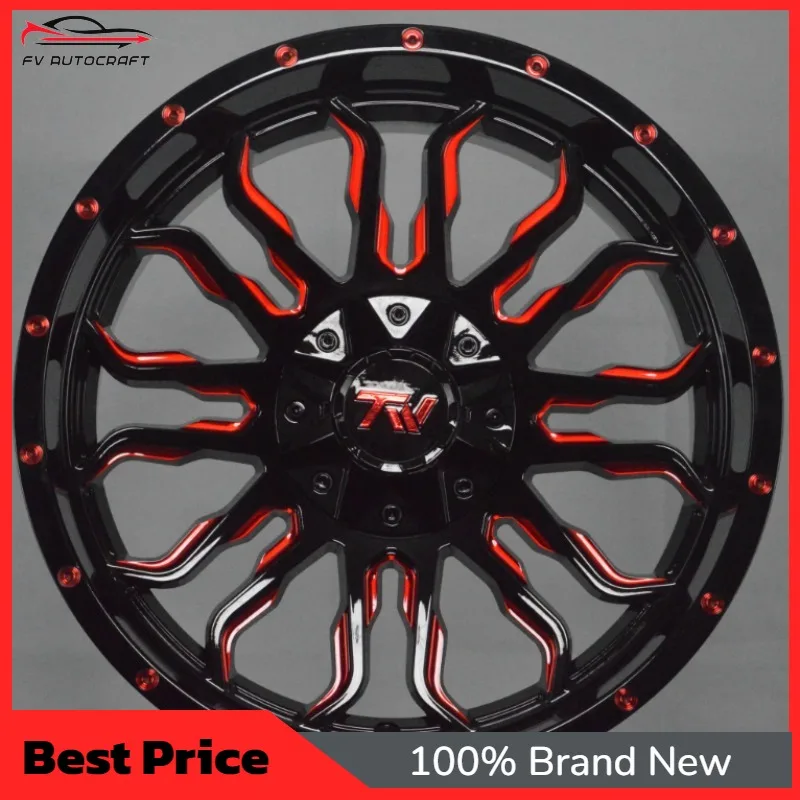 

【2026】Gloss Black With Red Accent Off-Road Alloy Wheels 16 17 18 19 20 21 22 23 24 Inch 6x139.7 Truck/SUV Rims