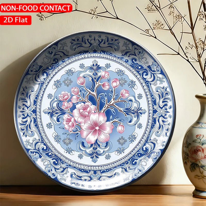 1pc FORJN Modern Round Ceramic Decorative Plate - Blue Floral Wall Plate Suitable for Non-Food Contact, Elegant Table
