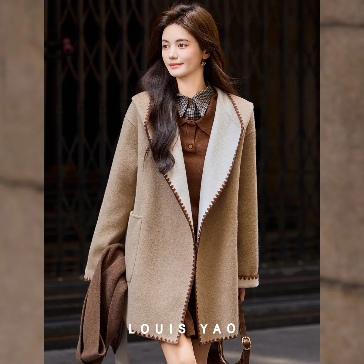 LOUIS YAO Color Block Double-Faced Hooded Women's Coat 2025 Autumn England Style Mid-Length Outerwear Casual Wool Blend Coat
