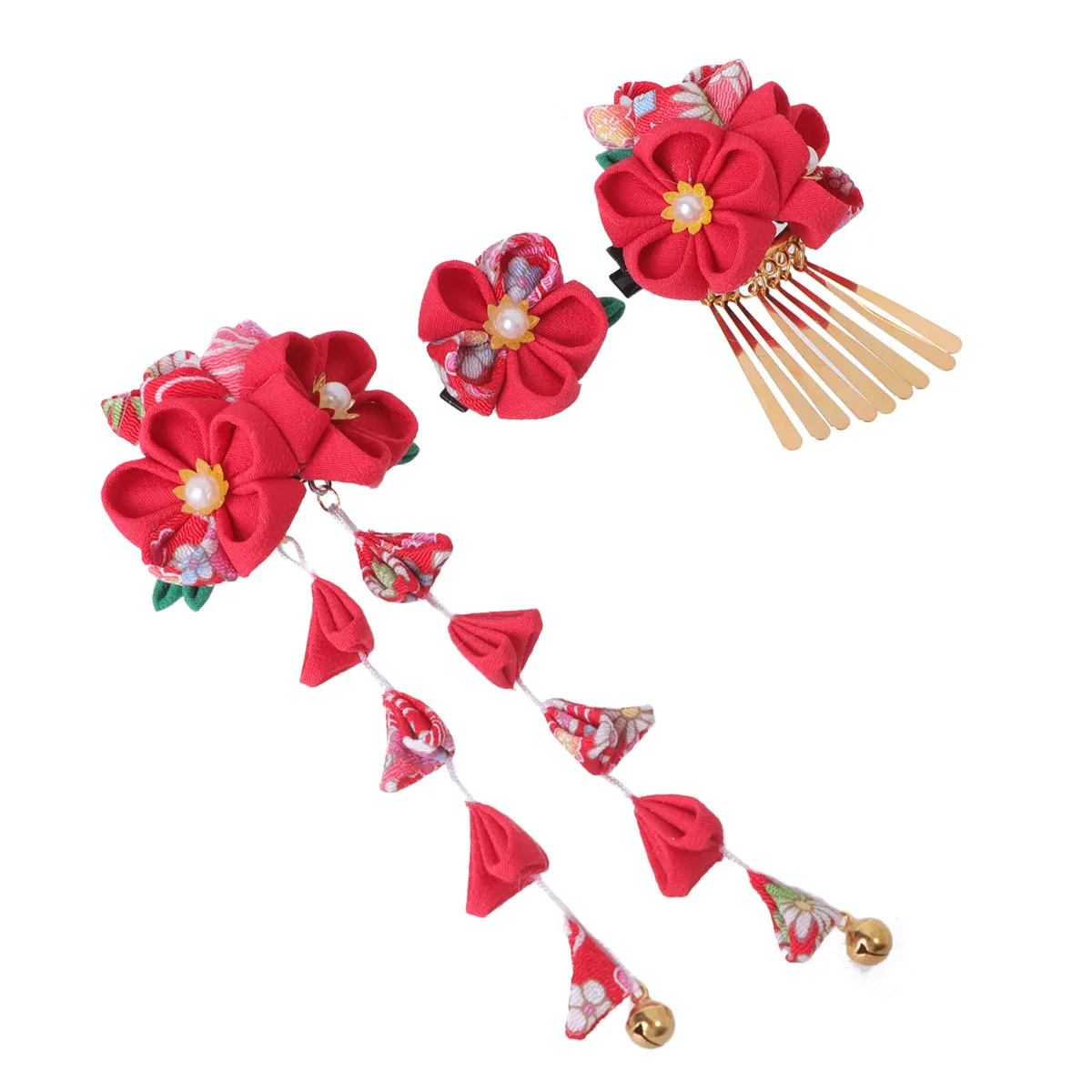 3Pcs Japanese Style Hair Clips Set Cloth Flower Barrette Side Back Hair Accessories for Kimono Yukata Outfit Elegant Gift Women