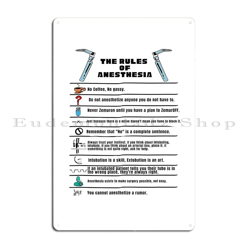 the rules of anesthesia Metal Sign Retro Funny Garage Print Club Tin Sign Poster