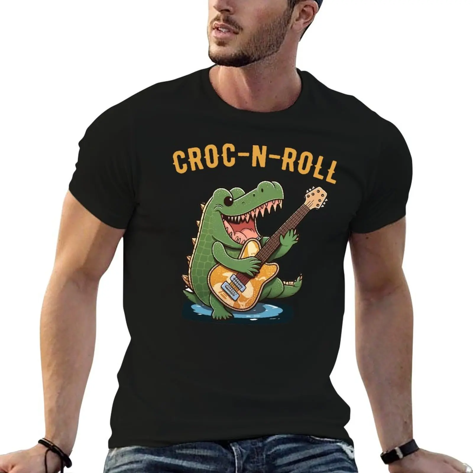 Crocodile Alligator Reptile Musician Croc N Roll T-Shirt man t shirt Clothing mens plain t shirts