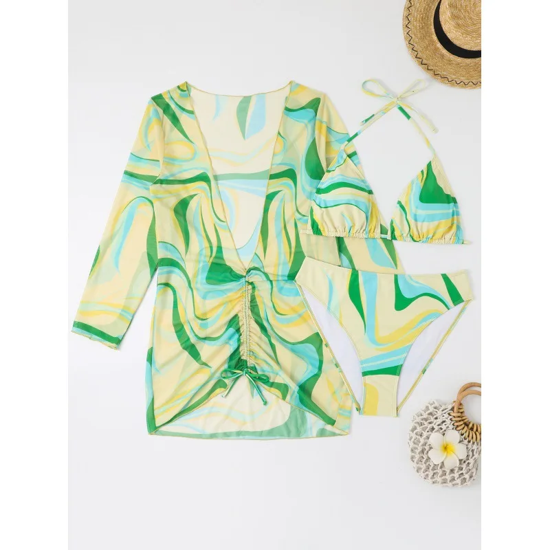 2025 Print 3 Piece Long Sleeve Smock Plus Size Push Up Bikini Women High Waist Big Swimsuit Beach Chubby Bathing Suit