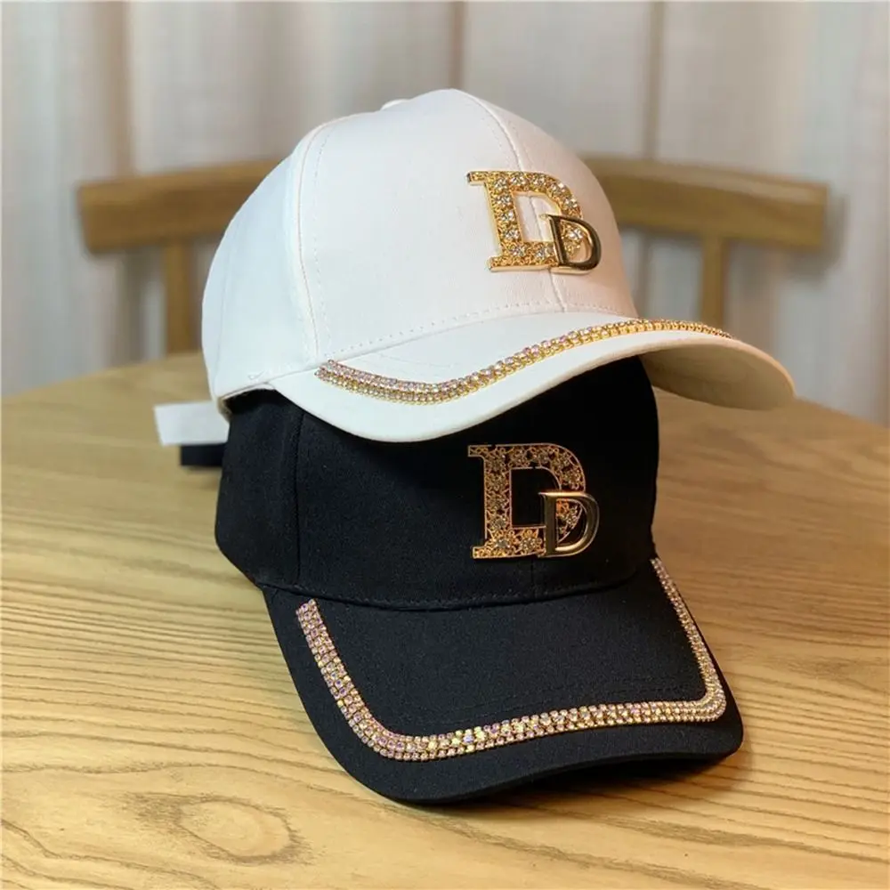 M Letter D English Letters Sunscreen Hat Adjustable Peaked Cap Women Baseball Cap Bling Rhinestones Korean Style Sun Visor