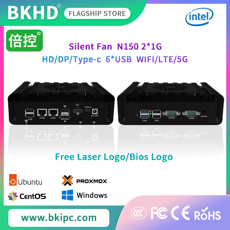 

BKHD Silent Fan Mini Soft Router 12th Gen N150 2* 1G Gigabit Lan 2*COM HD/DP/Type-C 4 Displays 6*USB DDR5 WIFI/LTE/5G VPN
