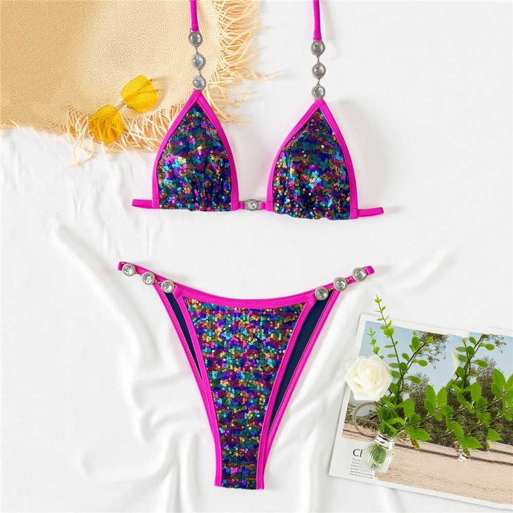 Color Sequin Shiny Swimwear Rhinestone String Halter Triangle Bikinis Sets Sexy Micro Thong Swimsuit Women 2026 Bathing Suit